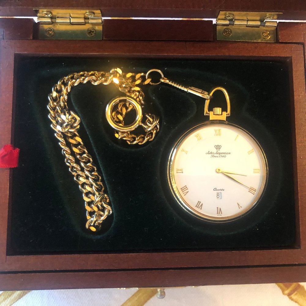 Jules Jurgensen Quartz Goldtone Pocket Watch with gold chain